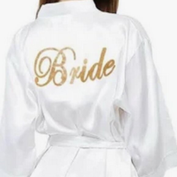 White Satin Bride Robe with Gold Lettering NWOT - Picture 1 of 17